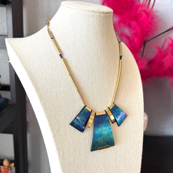 Vintage Dicrotic Glass Blue and Gold Necklace - Picture 4 of 10